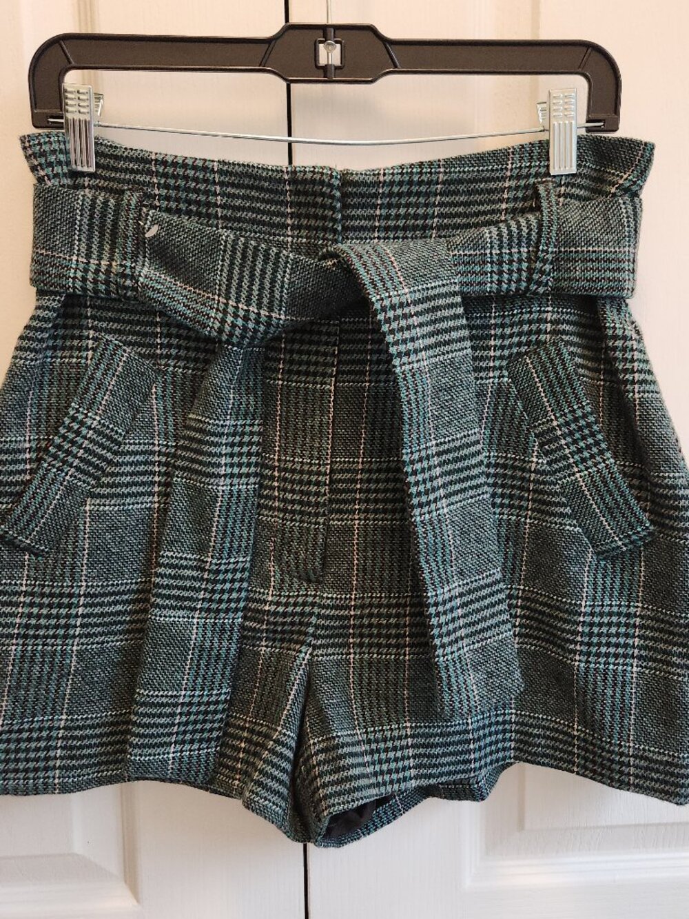 House of Harlow 1960 Women’s S Wool Tweed Plaid Green High Rise Paperbag Shorts